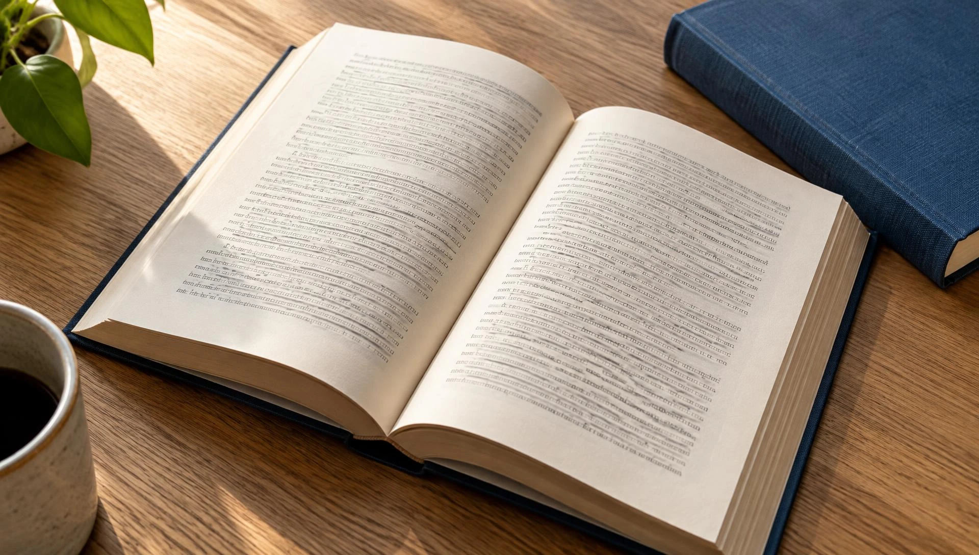Illustrative open book and clothbound book on an oak table