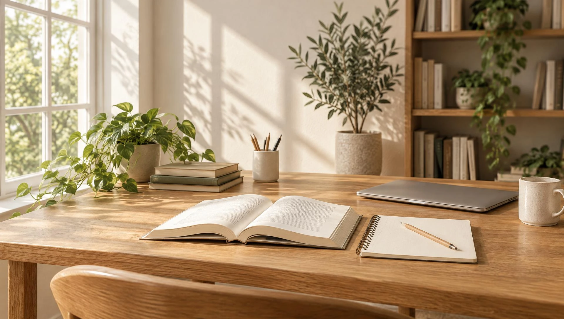 Illustrative sunlit room with oak study table, books and plants